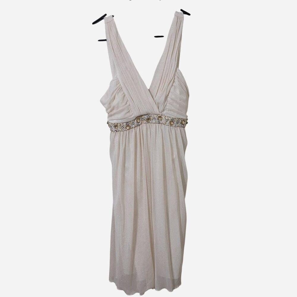 Y2K Cream Glitter Babydoll Dress Beaded Empire Waist V-Neck